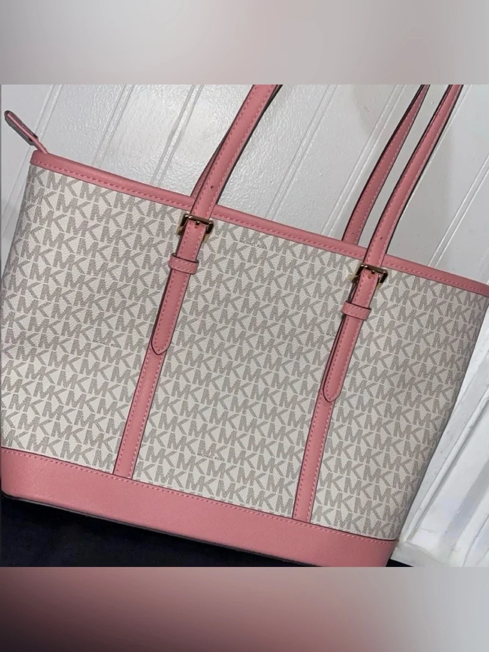 Michael Kors Cream and Pink MK Logo Tote